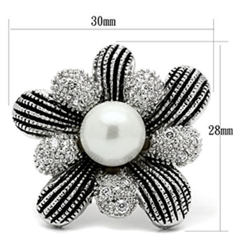 3W294 - Rhodium Brass Ring with Synthetic Pearl in White-1