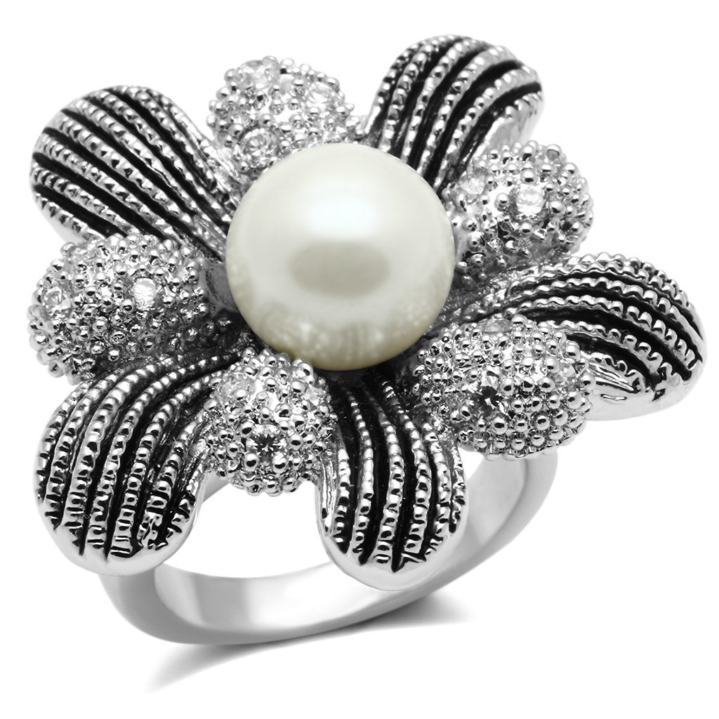 3W294 - Rhodium Brass Ring with Synthetic Pearl in White-0