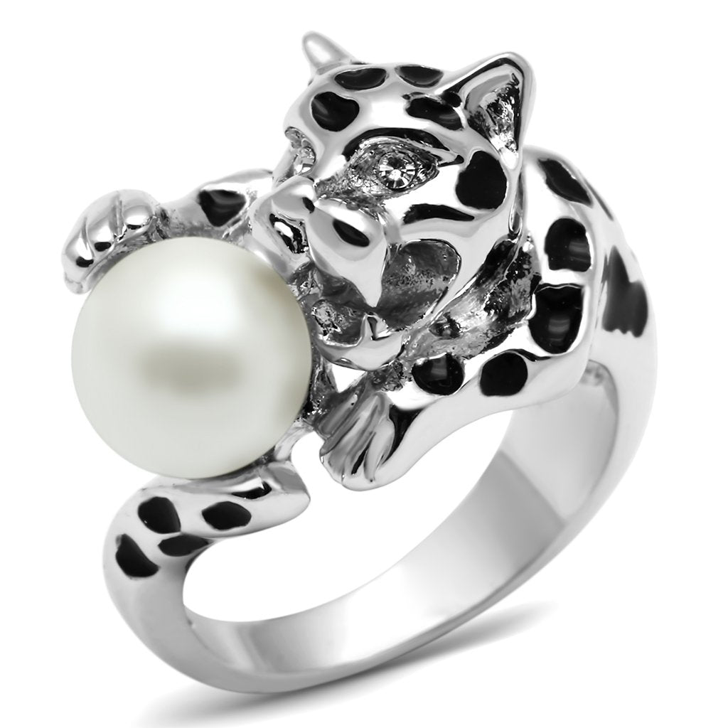 3W297 - Rhodium Brass Ring with Synthetic Pearl in White-0