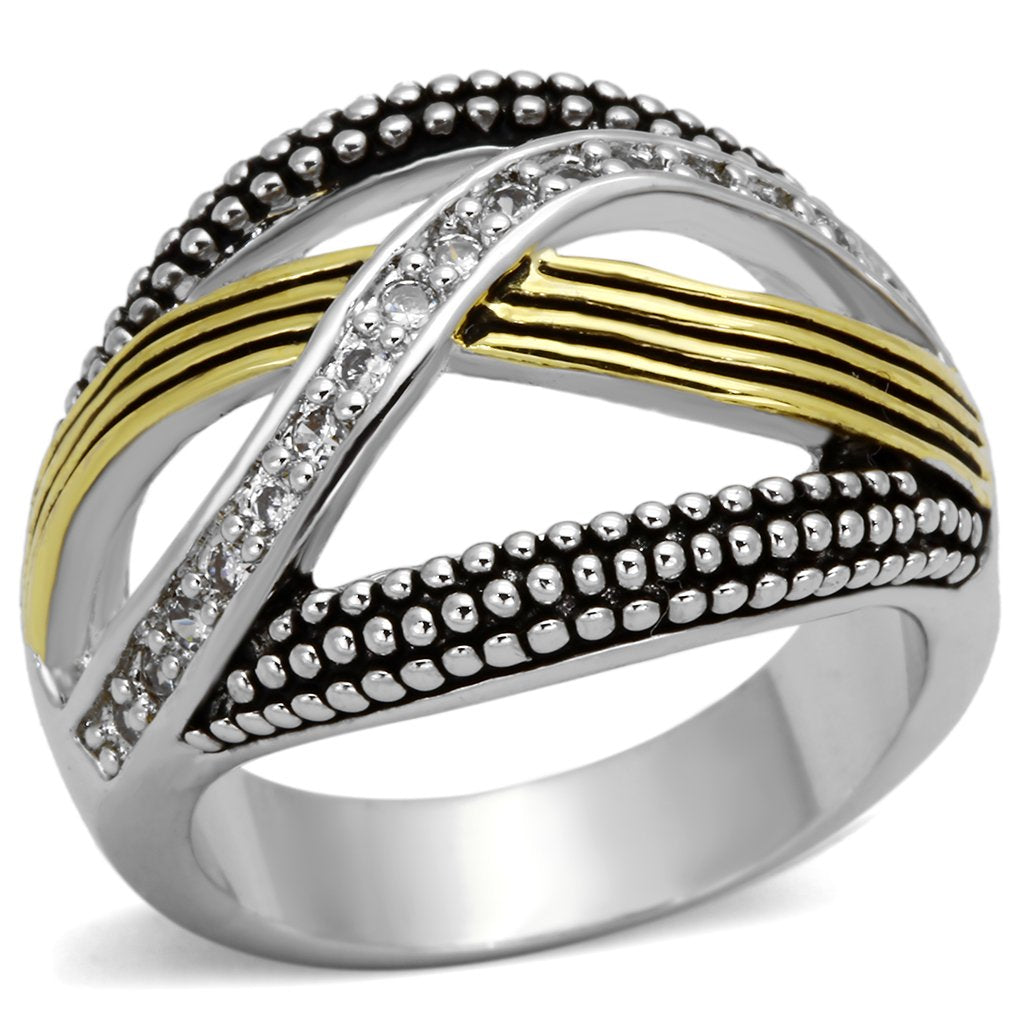 3W305 - Reverse Two-Tone Brass Ring with AAA Grade CZ  in Clear-0