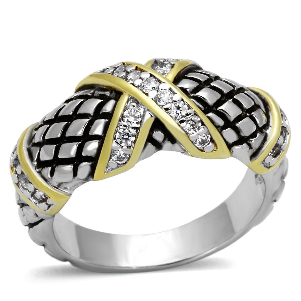 3W314 - Reverse Two-Tone Brass Ring with AAA Grade CZ  in Clear-0