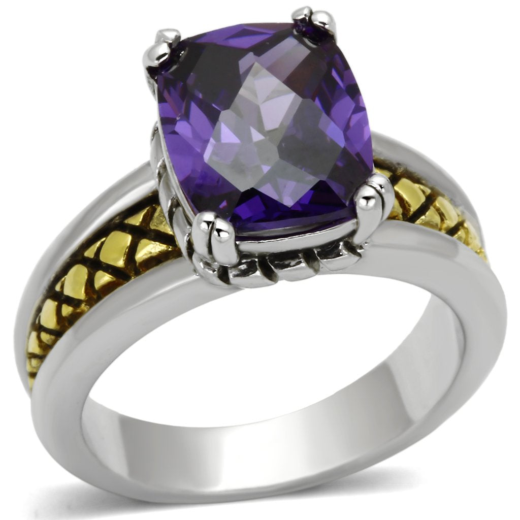 3W331 - Reverse Two-Tone Brass Ring with AAA Grade CZ  in Amethyst-0