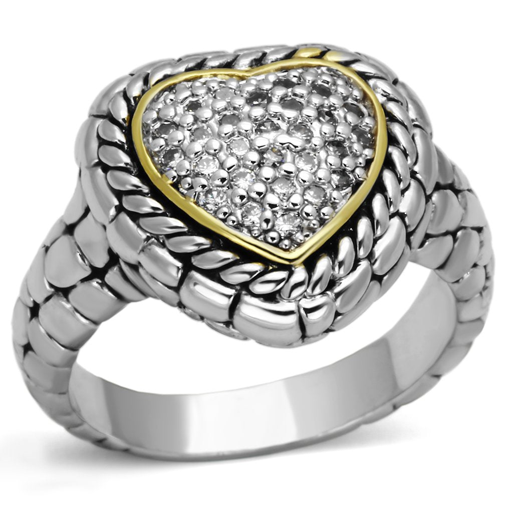 3W333 - Reverse Two-Tone Brass Ring with AAA Grade CZ  in Clear-0