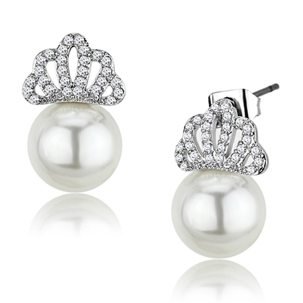 3W383 - Rhodium Brass Earrings with Synthetic Pearl in White-0