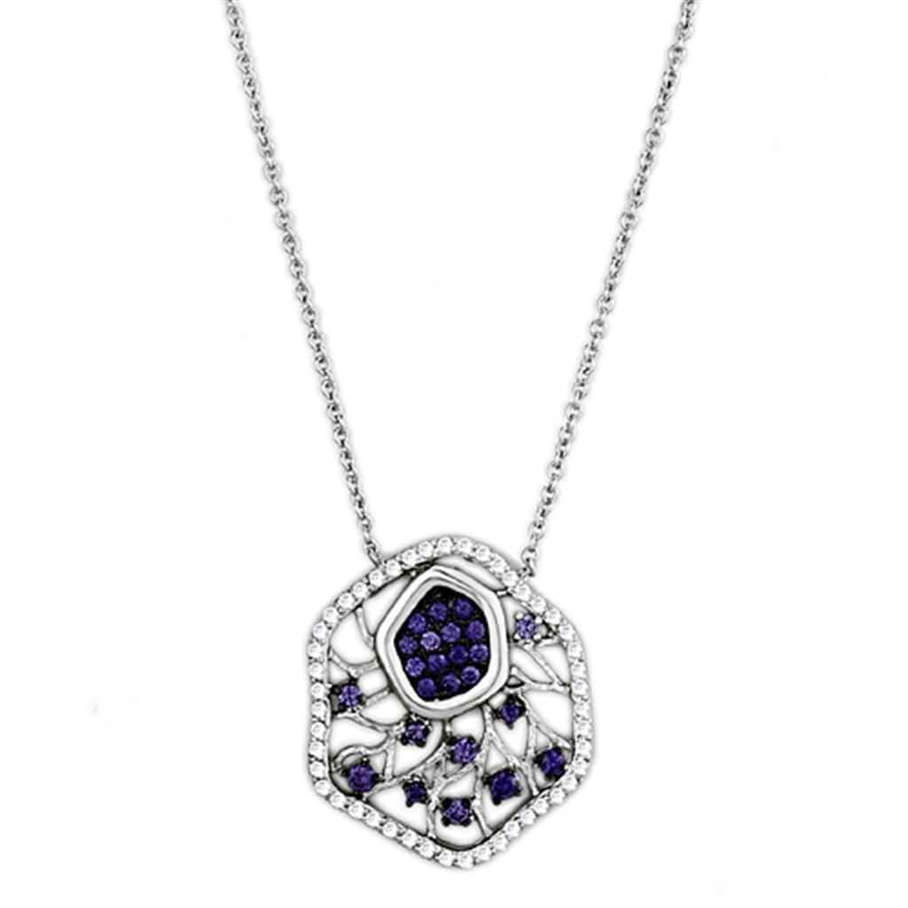 3W438 - Rhodium + Ruthenium Brass Necklace with AAA Grade CZ  in Amethyst-0