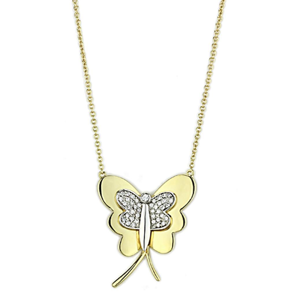 3W459 - Gold+Rhodium Brass Necklace with AAA Grade CZ  in Clear-0