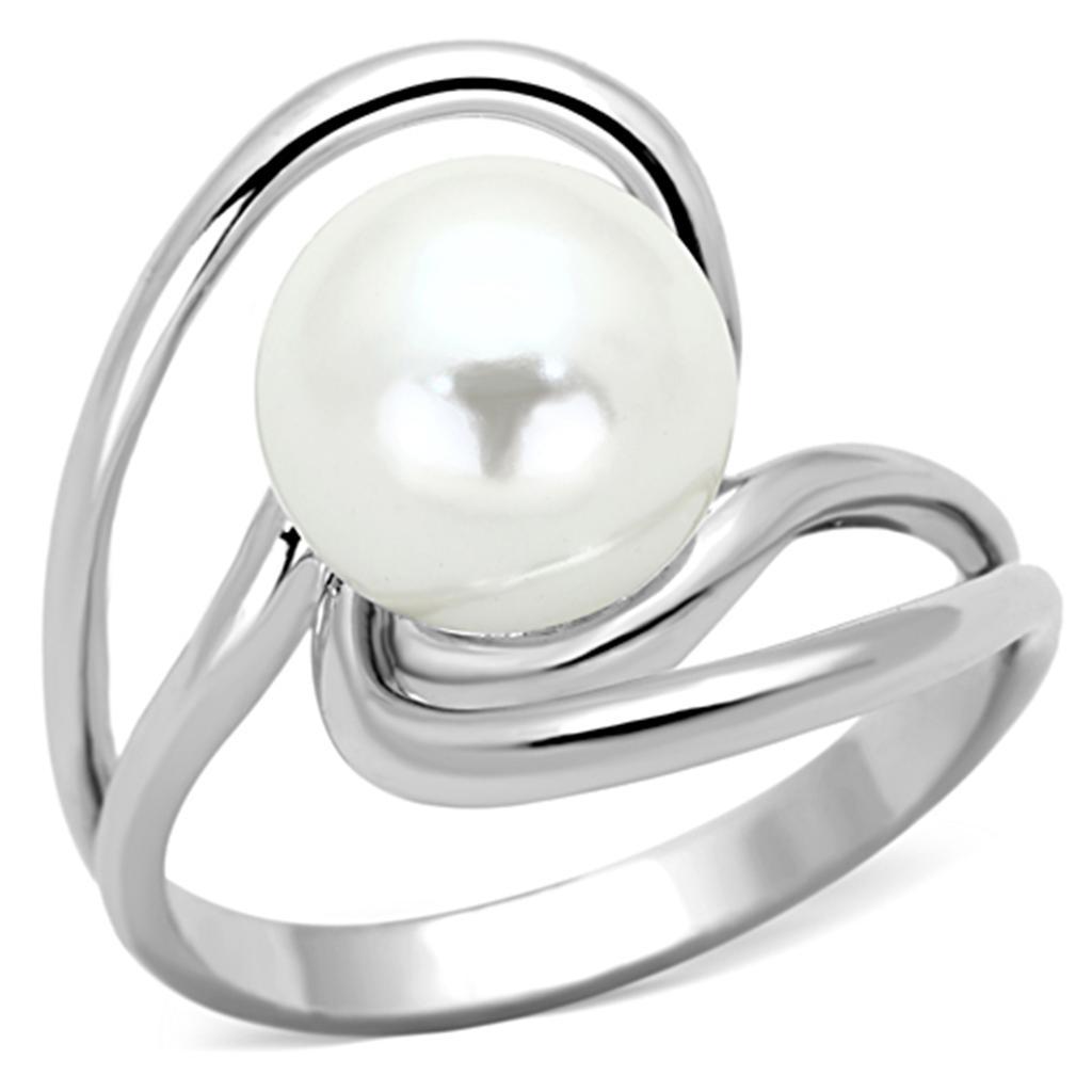 3W512 - Rhodium Brass Ring with Synthetic Pearl in White-0