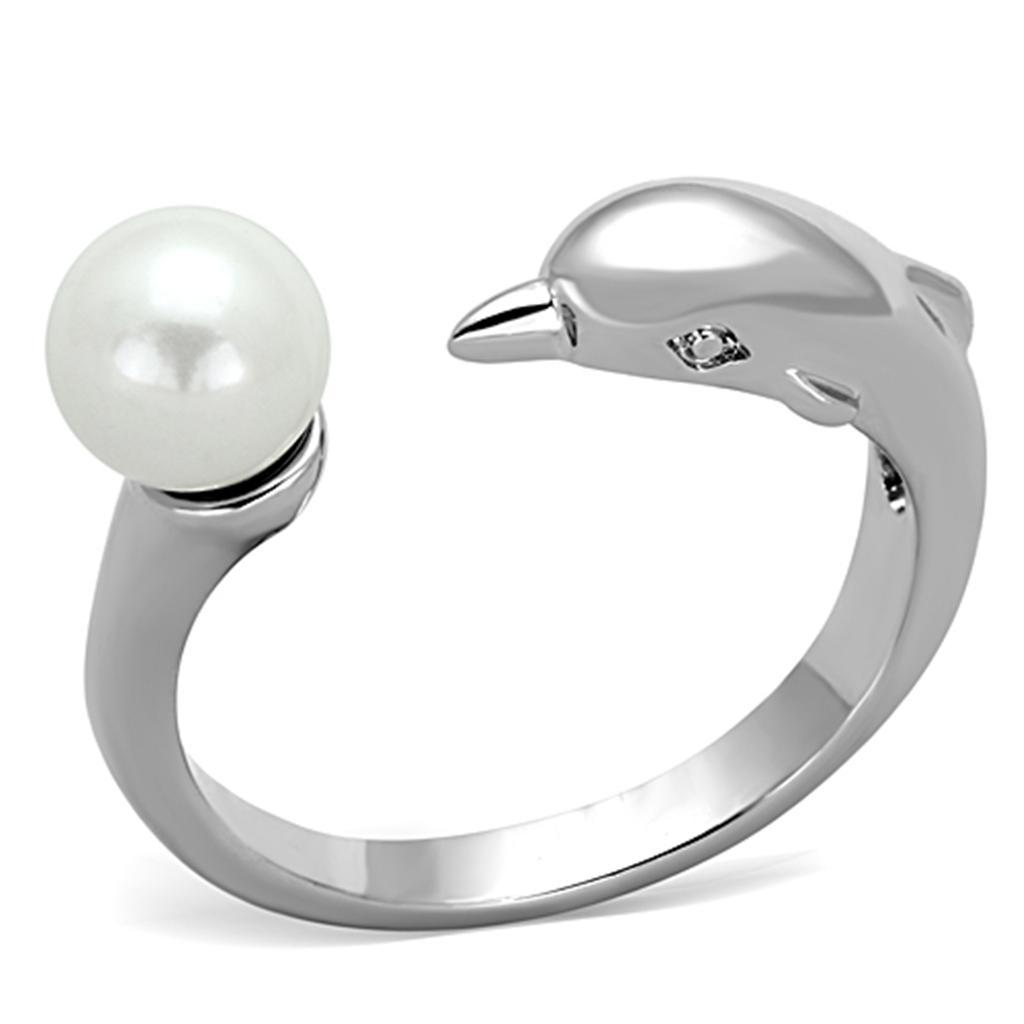 3W587 - Rhodium Brass Ring with Synthetic Pearl in White-0
