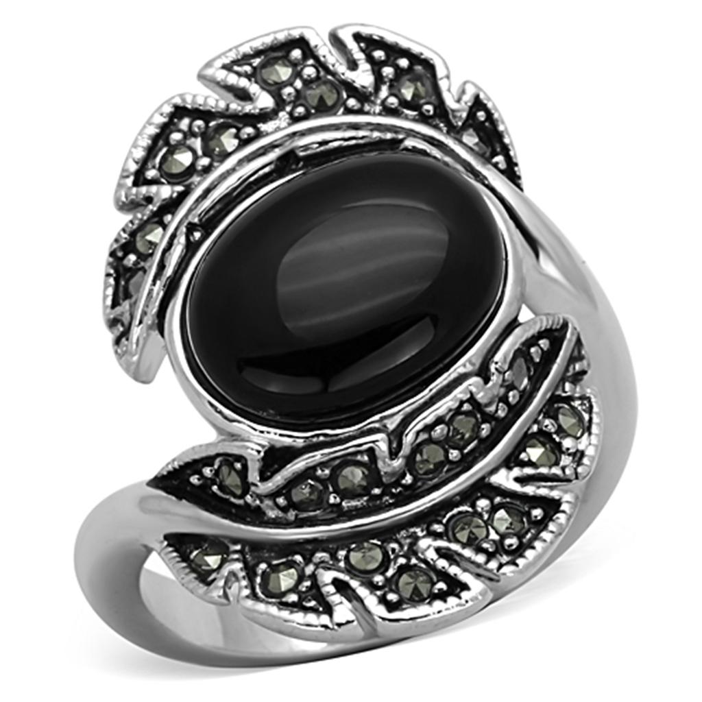 3W597 - Rhodium Brass Ring with Synthetic Onyx in Jet-0