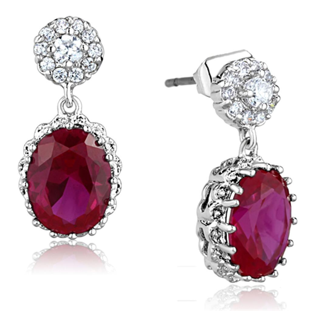 3W653 - Rhodium Brass Earrings with AAA Grade CZ  in Ruby-0