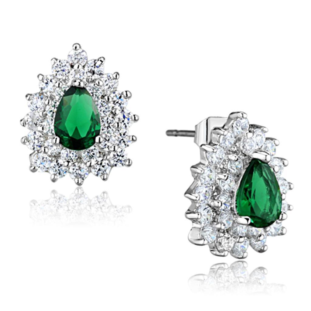 3W656 - Rhodium Brass Earrings with Synthetic Synthetic Glass in Emerald-0