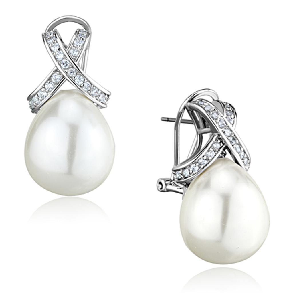 3W677 - Rhodium Brass Earrings with Synthetic Pearl in White-0