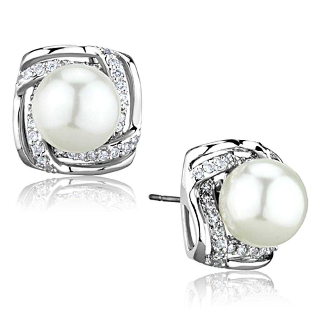 3W678 - Rhodium Brass Earrings with Synthetic Pearl in White-0