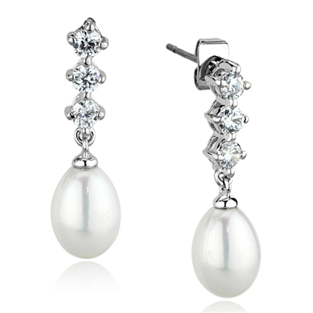 3W679 - Rhodium Brass Earrings with Semi-Precious Pearl in White-0