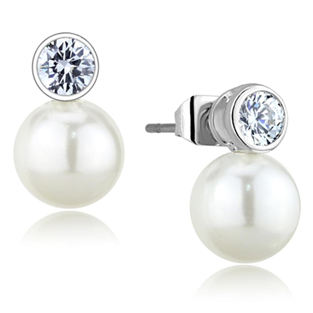 3W681 - Rhodium Brass Earrings with Synthetic Pearl in White-0