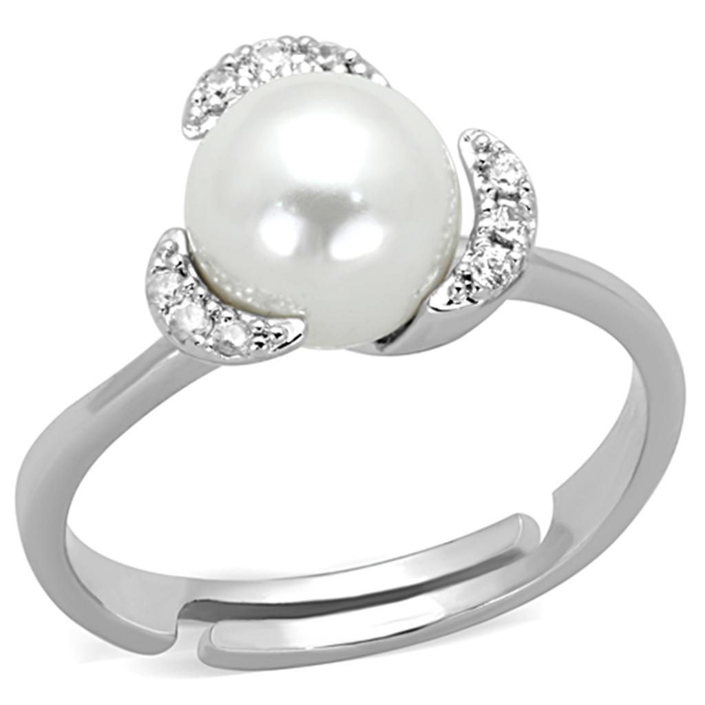 3W722 - Rhodium Brass Ring with Synthetic Pearl in White-0