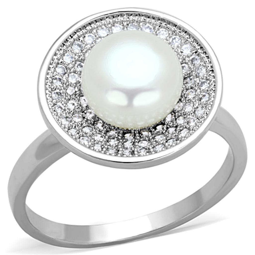 3W755 - Rhodium Brass Ring with Synthetic Pearl in White-0