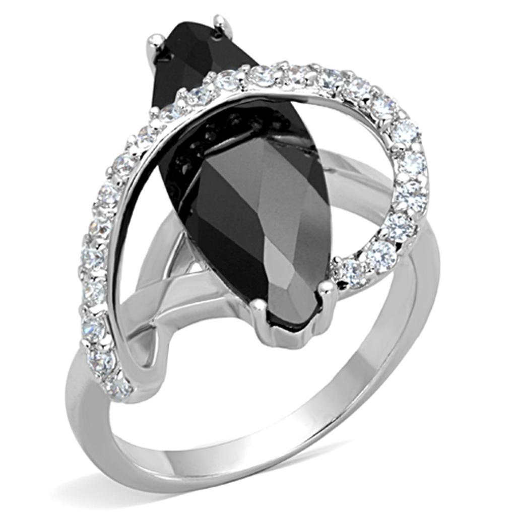 3W800 - Rhodium Brass Ring with AAA Grade CZ  in Jet-0