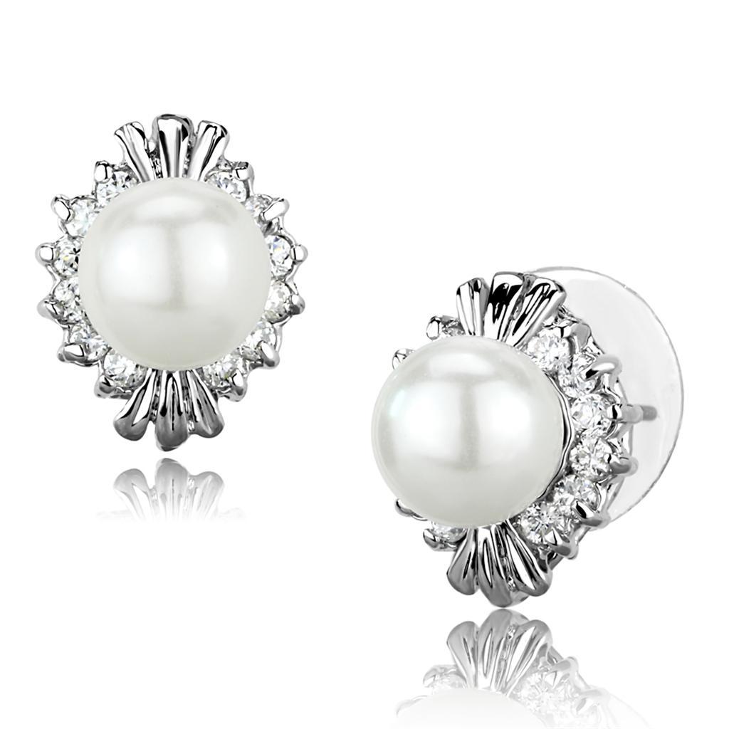 3W886 - Rhodium Brass Earrings with Synthetic Pearl in White-0