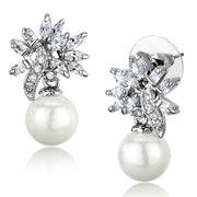 3W888 - Rhodium Brass Earrings with Synthetic Pearl in White-0