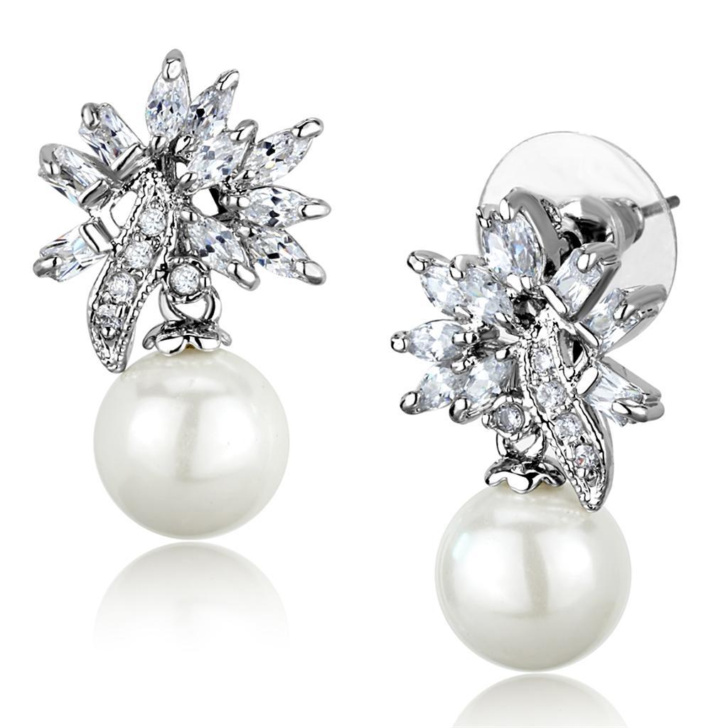 3W888 - Rhodium Brass Earrings with Synthetic Pearl in White-0