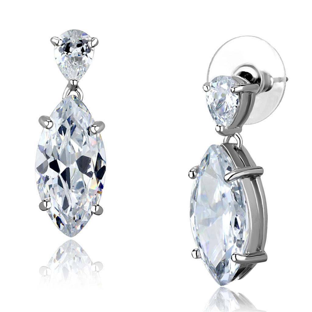 3W889 - Rhodium Brass Earrings with AAA Grade CZ  in Clear-0