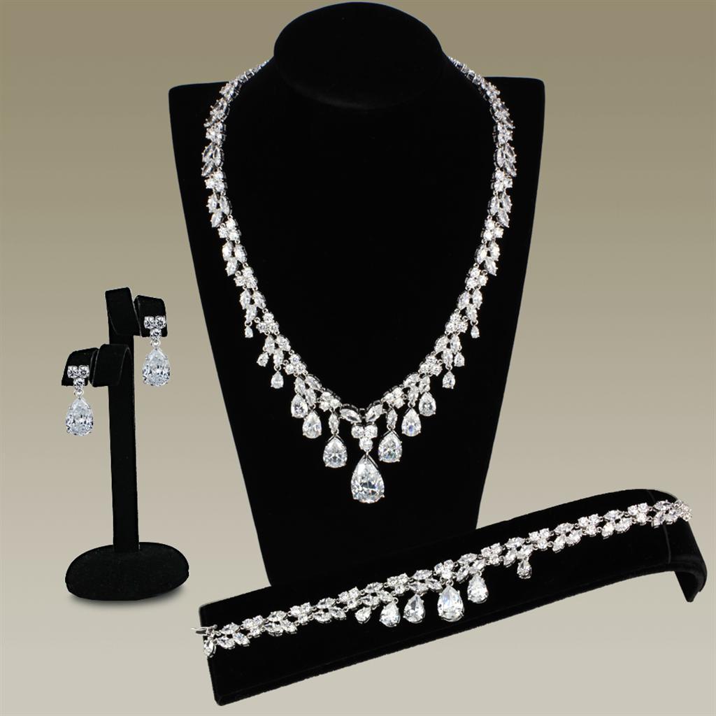 3W925 - Rhodium Brass Jewelry Sets with AAA Grade CZ  in Clear-0