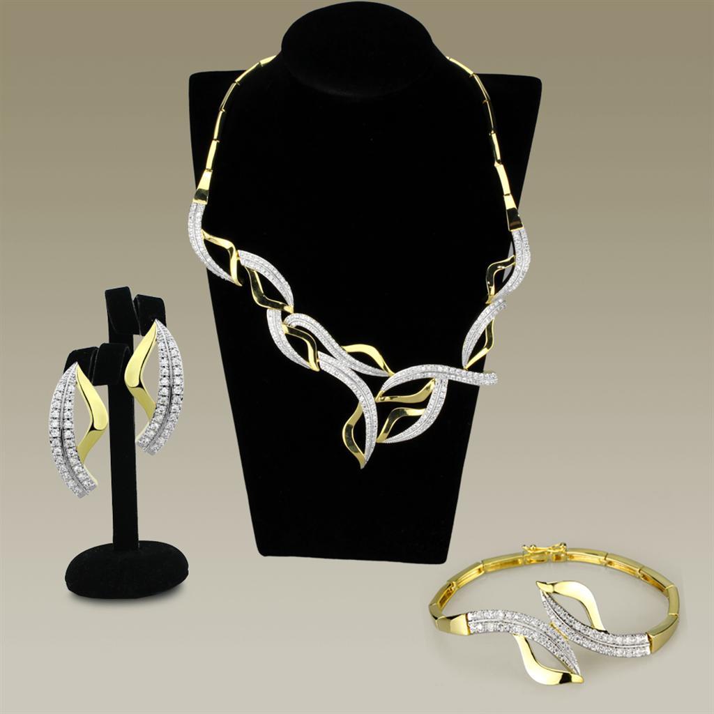 3W942 - Gold+Rhodium Brass Jewelry Sets with AAA Grade CZ  in Clear-0