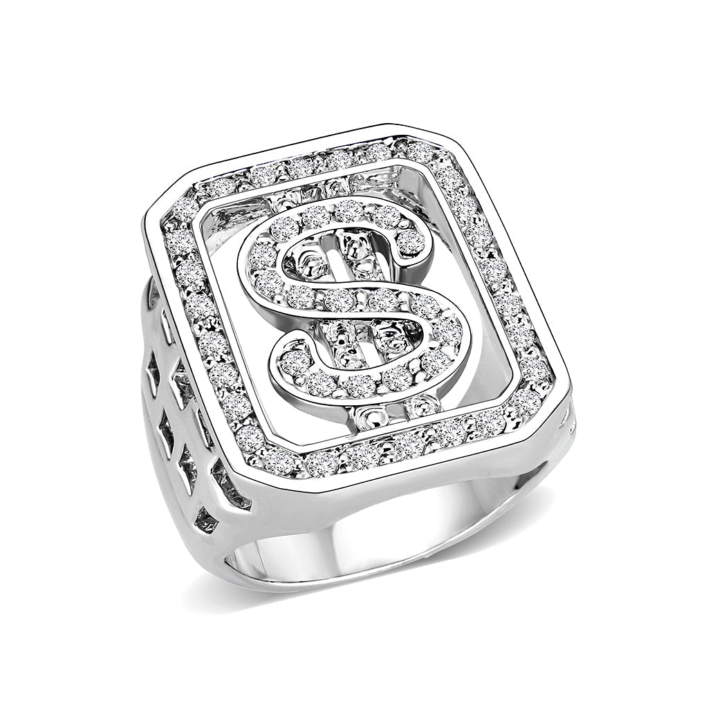 LO5M034-Rhodium Plated  Brass Ring with  Synthetic Glass Clear-0