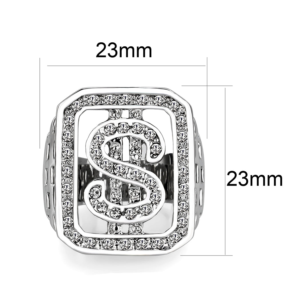 LO5M034-Rhodium Plated  Brass Ring with  Synthetic Glass Clear-1