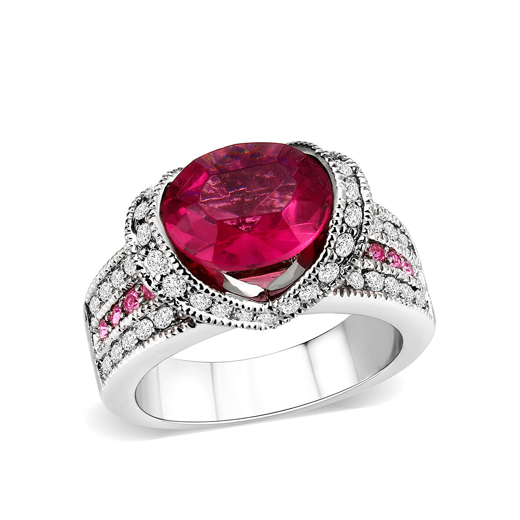 LO5W040 - Rhodium Brass Ring with CZ in Red-0