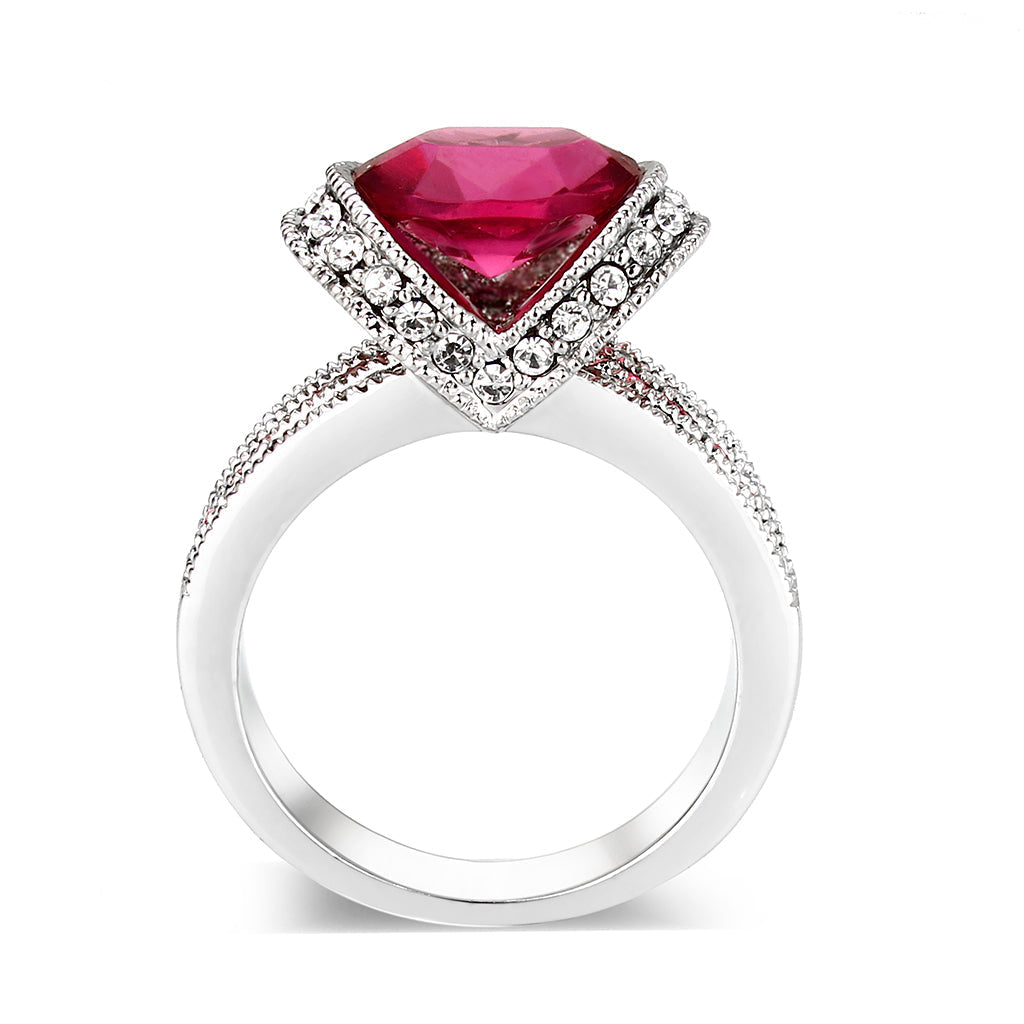 LO5W040 - Rhodium Brass Ring with CZ in Red-2
