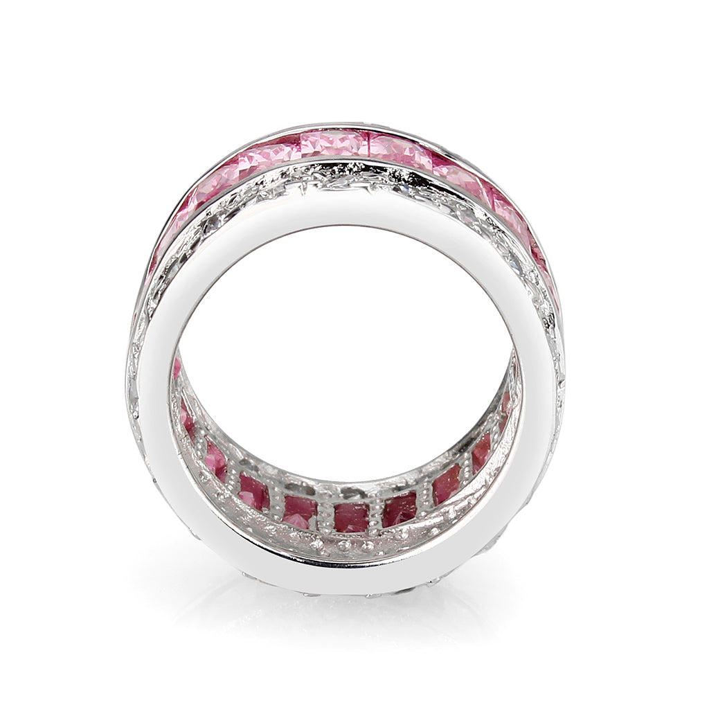 LO5W043- Rhodium Plated Brass Ring with CZ IN Pink-2