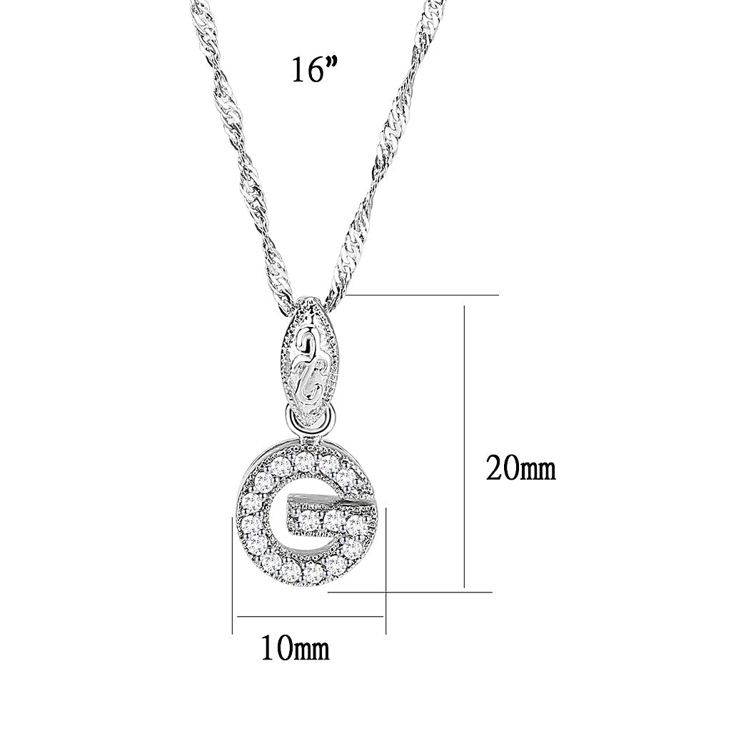 LO5W116- Brass  Pendant With 16" Chain with CZ Clear In Rhodium Plated-1