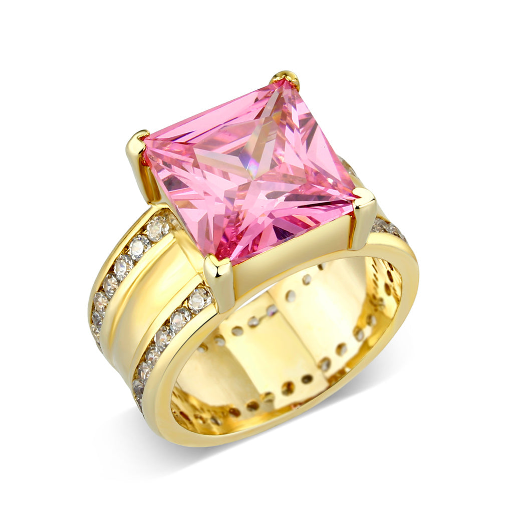 LO5W237-  Brass Ring With CZ in Pink Gold Plated-0