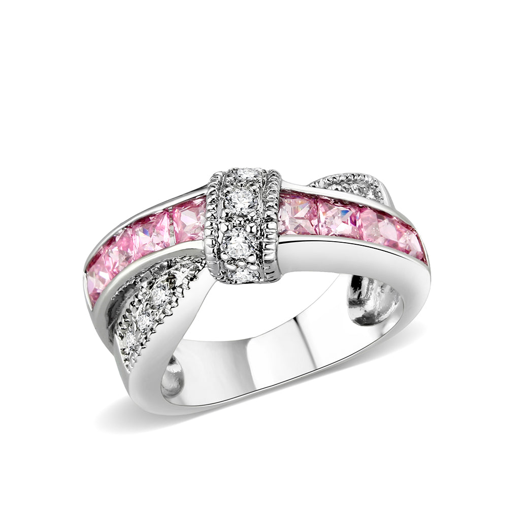 LO5W238-  Brass Ring With CZ in Pink Rhodium Plated-0