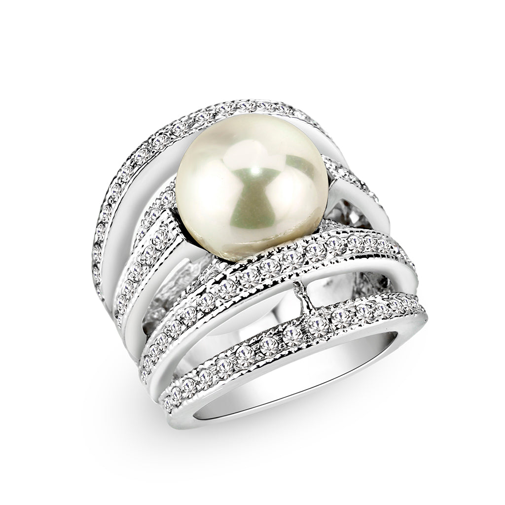 LO5W242-  Brass Ring With Pearl  in White  Rhodium Plated-0
