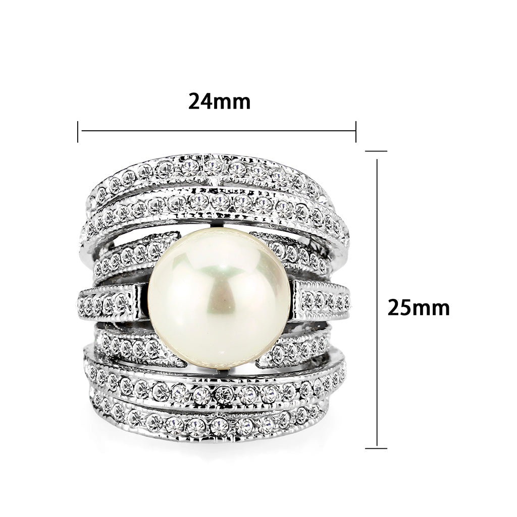 LO5W242-  Brass Ring With Pearl  in White  Rhodium Plated-1