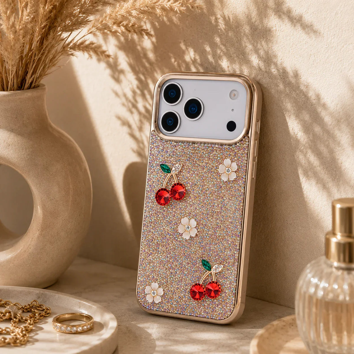 Hilo Crystal Cherry iPhone 18 Pro Max Case – Gold-Tone Frame-0