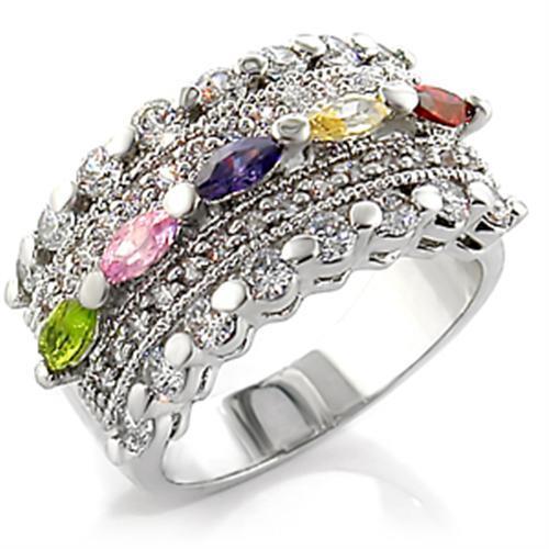 7X129 - Rhodium Brass Ring with AAA Grade CZ  in Multi Color-0