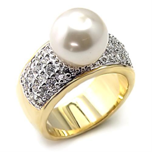 7X209 - Gold+Rhodium 925 Sterling Silver Ring with Synthetic Pearl in White-0
