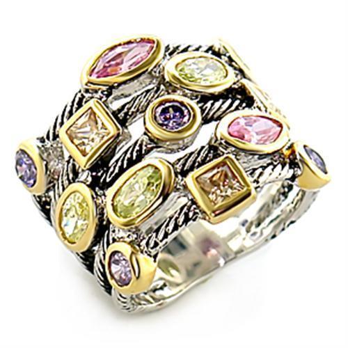 8X049 - Reverse Two-Tone Brass Ring with AAA Grade CZ  in Multi Color-0
