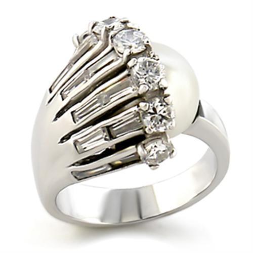 9W010 - Rhodium Brass Ring with Synthetic Pearl in White-0