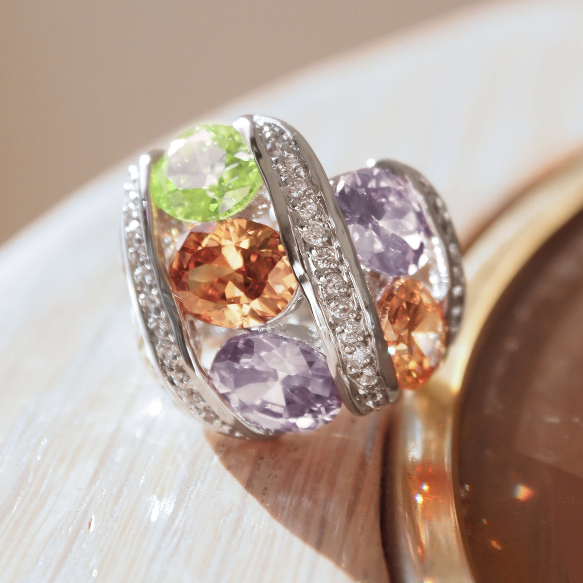 Alaina Cocktail Ring - Rhodium Brass, AAA CZ , Multi Color - 6X019-0