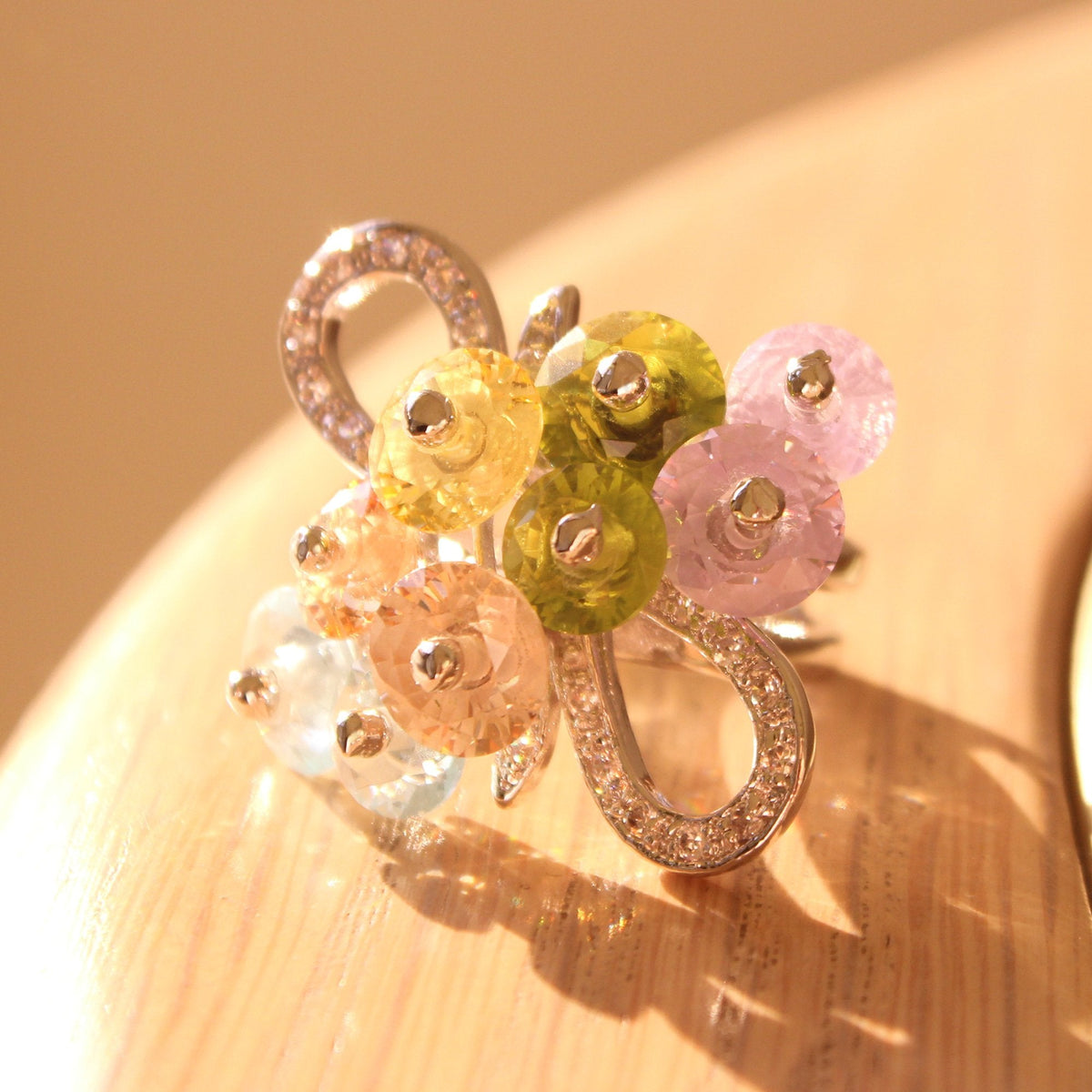 Alishba Cocktail Ring - Rhodium Brass, AAA CZ , Multi Color - 6X029-0