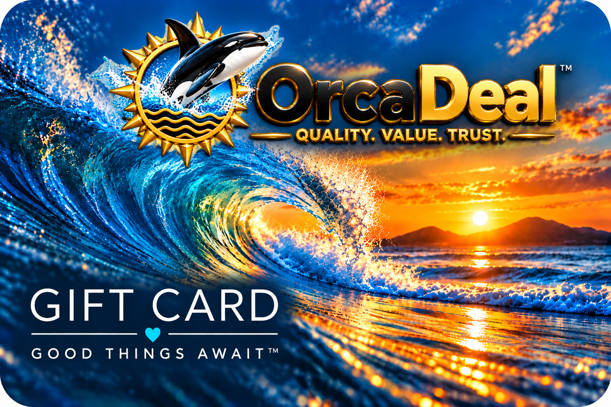 OrcaDeal ocean wave gift card featuring the OrcaDeal logo, powerful blue wave, orca design, sparkling ocean spray, and golden sunset over the sea.