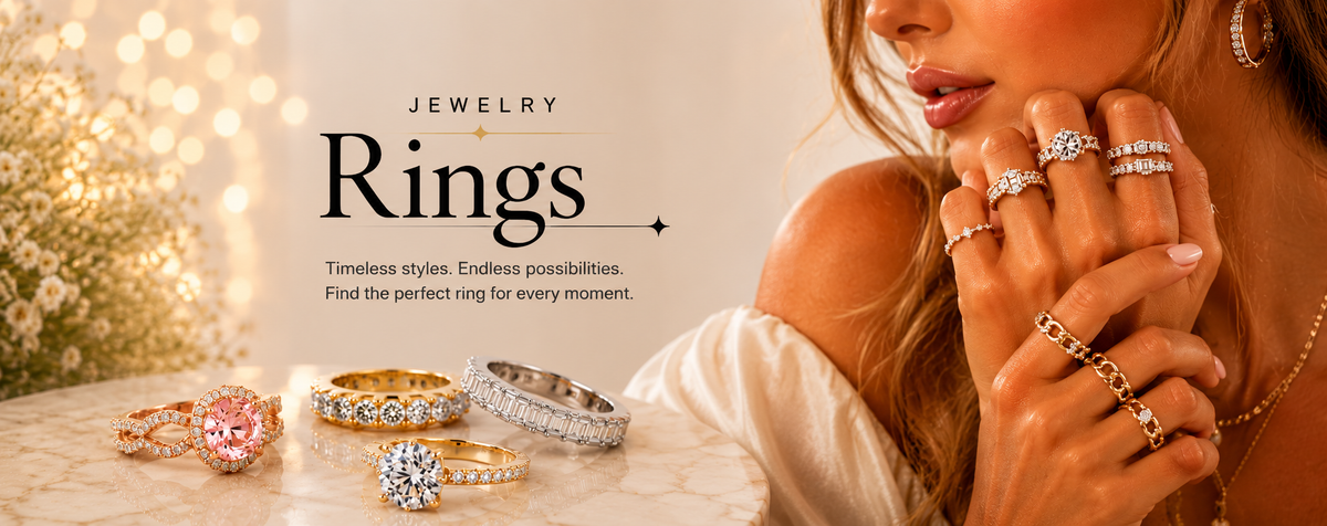 Luxury rings collection featuring sparkling gold, silver and diamond rings displayed on a model and elegant marble surface.