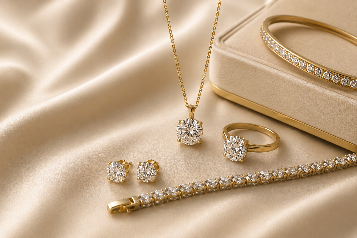 Classic jewelry collection featuring gold ring, necklace, earrings and sparkling bracelets – OrcaDeal Jewelry