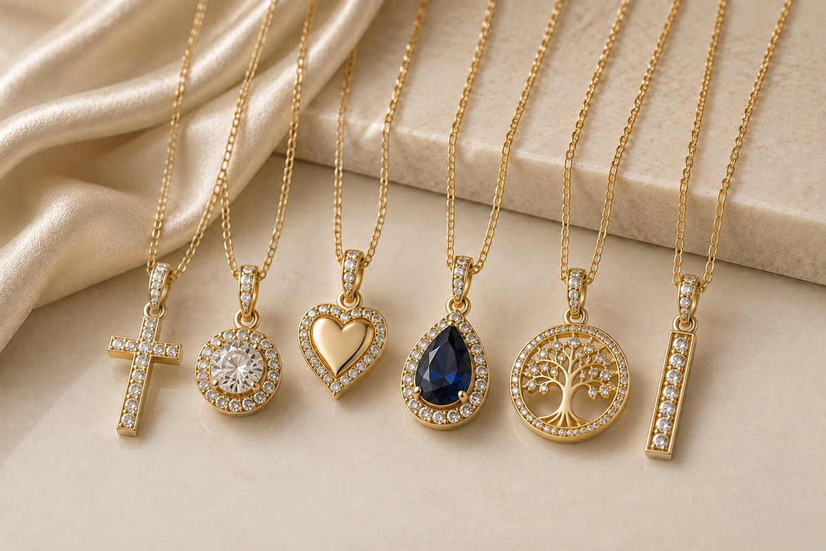Chain pendants collection featuring gold necklaces with cross, heart, gemstone, tree of life and bar pendant designs – OrcaDeal Jewelry