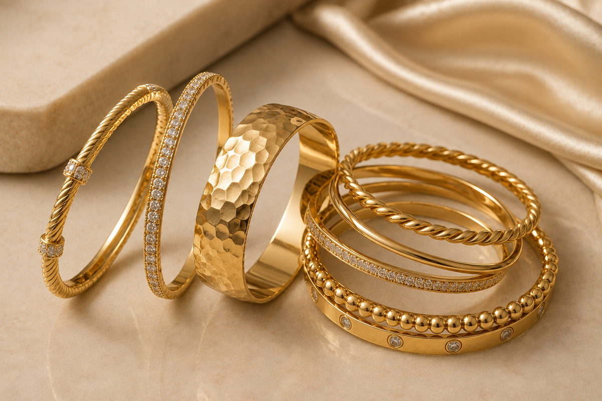 Gold bangles collection featuring polished, hammered, twisted and sparkling stone-accented bracelet designs – OrcaDeal Jewelry